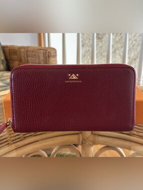 Emporio Armani Burgundy Pebbled Leather Zip Around Wallet Like New